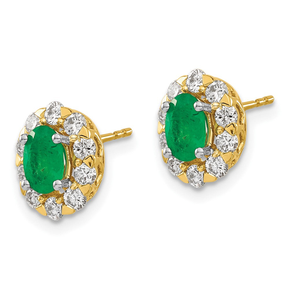 Solid 14k Yellow Gold Oval Simulated Emerald and CZ Halo Post Earrings