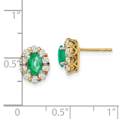 Solid 14k Yellow Gold Oval Simulated Emerald and CZ Halo Post Earrings