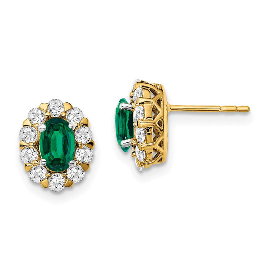 14k Yellow Gold Oval Emerald and Real Diamond Halo Post Earrings EM6990-EM-070-YA
