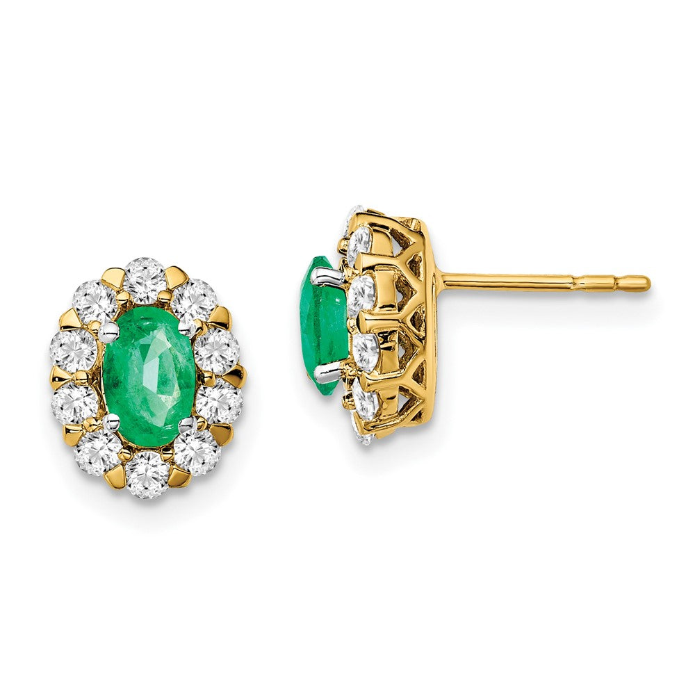 Solid 14k Yellow Gold Oval Simulated Emerald and CZ Halo Post Earrings