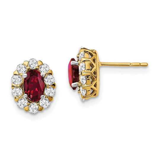 14k Yellow Gold Oval Ruby and Real Diamond Halo Post Earrings EM6990-RU-070-YA