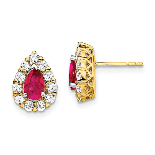 14k Yellow Gold Pear Ruby and Real Diamond Halo Post Earrings EM6991-RU-077-YA