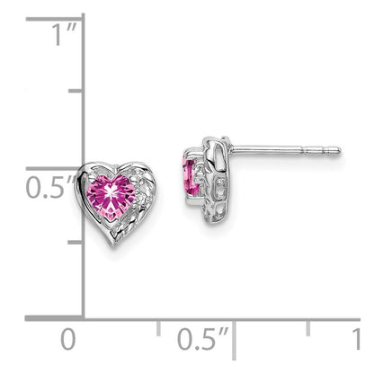 Solid 14k White Gold Created PinK Simulated Sapphire and CZ Heart Earrings