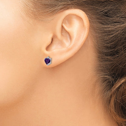 Solid 14k White Gold Simulated Amethyst and CZ Heart Earrings