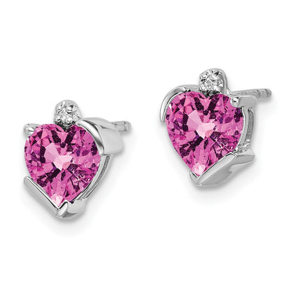 Solid 14k White Gold Created PinK Simulated Sapphire and CZ Heart Earrings