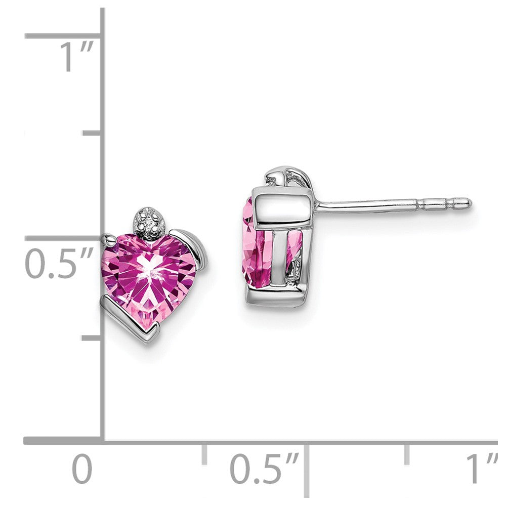 Solid 14k White Gold Created PinK Simulated Sapphire and CZ Heart Earrings