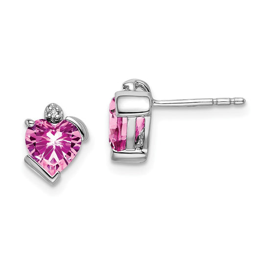 Solid 14k White Gold Created PinK Simulated Sapphire and CZ Heart Earrings