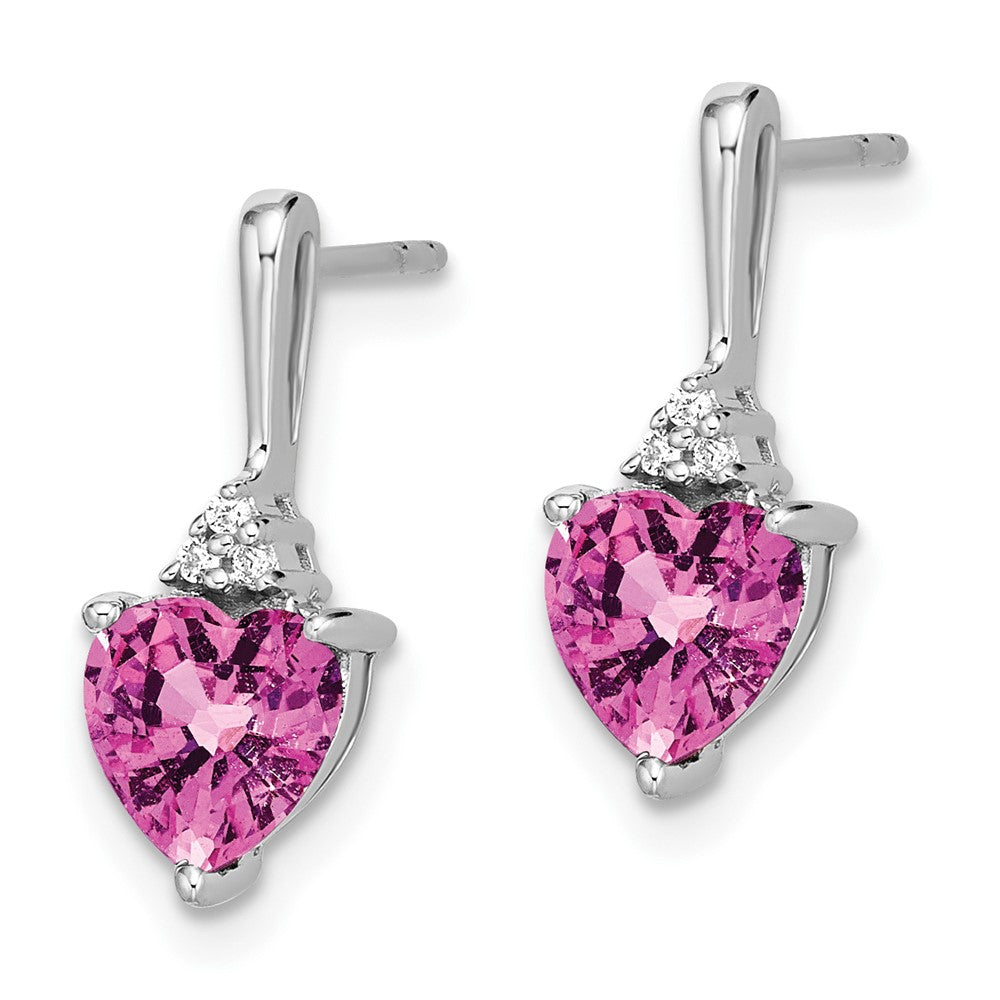 Solid 14k White Gold Created PinK Simulated Sapphire and CZ Heart Earrings