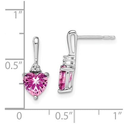 Solid 14k White Gold Created PinK Simulated Sapphire and CZ Heart Earrings