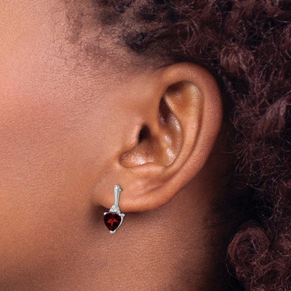 Solid 14k White Gold Simulated Garnet and CZ Heart Earrings