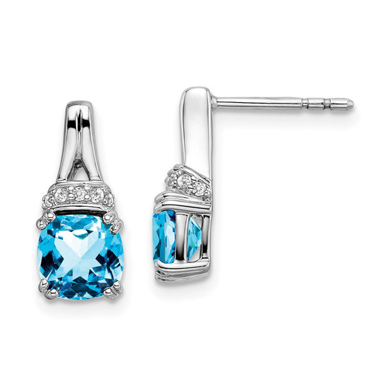 Solid 14k White Gold Simulated Blue Topaz and CZ Earrings
