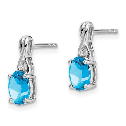 Solid 14k White Gold Oval Simulated Blue Topaz and CZ Earrings