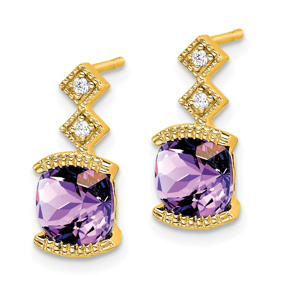 Solid 14k Yellow Gold Simulated Amethyst and CZ Earrings