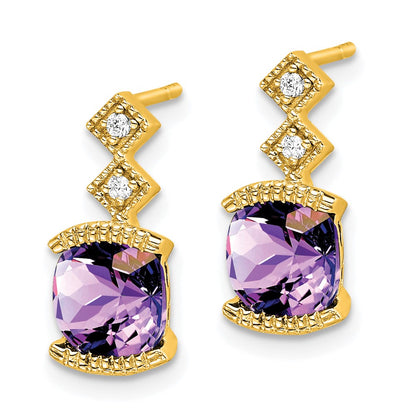 Solid 14k Yellow Gold Simulated Amethyst and CZ Earrings