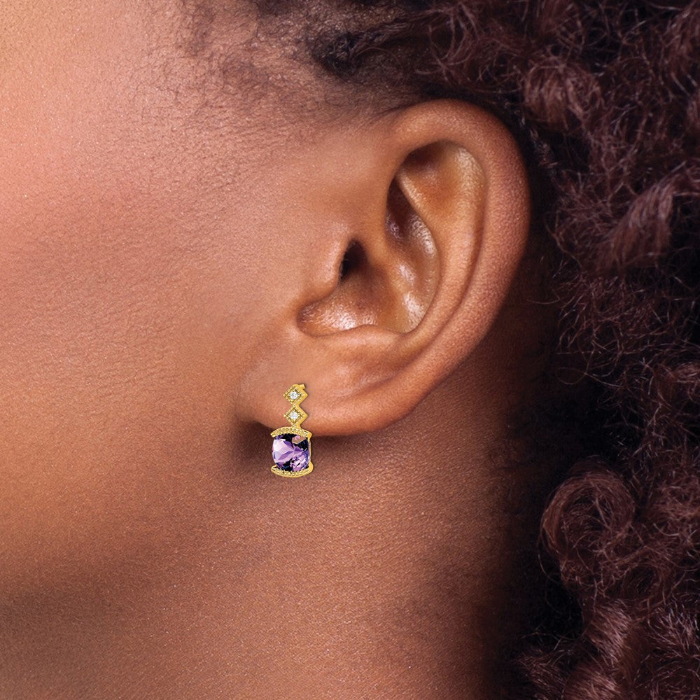 Solid 14k Yellow Gold Simulated Amethyst and CZ Earrings