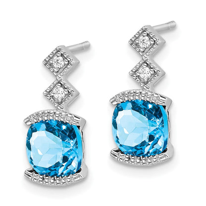 Solid 14k White Gold Simulated Blue Topaz and CZ Earrings