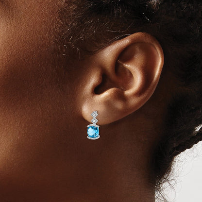 Solid 14k White Gold Simulated Blue Topaz and CZ Earrings