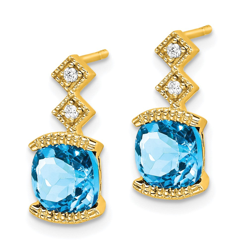 Solid 14k Yellow Gold Simulated Blue Topaz and CZ Earrings