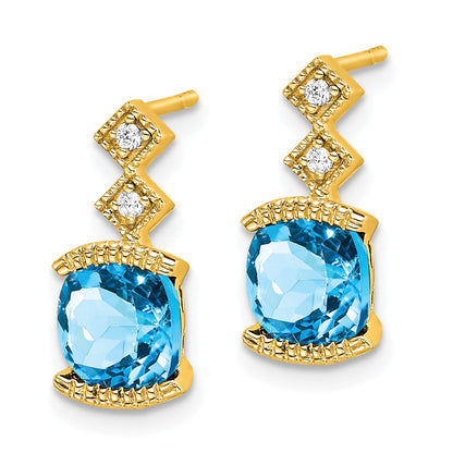 Solid 14k Yellow Gold Simulated Blue Topaz and CZ Earrings