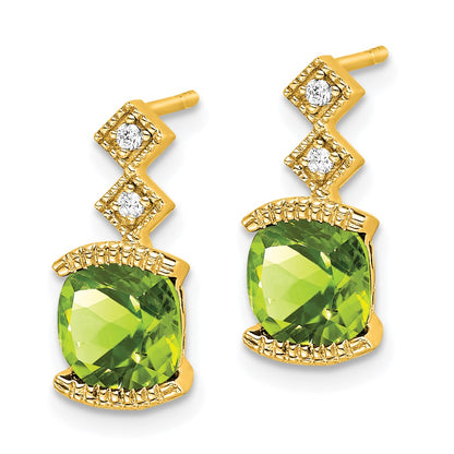 Solid 14k Yellow Gold Simulated Peridot and CZ Earrings