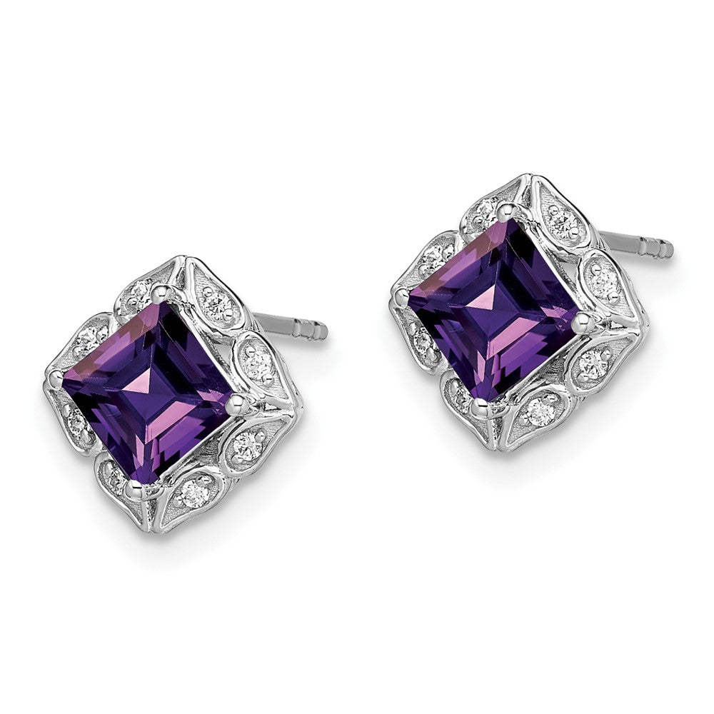 Solid 14k White Gold Square Simulated Amethyst and CZ Earrings