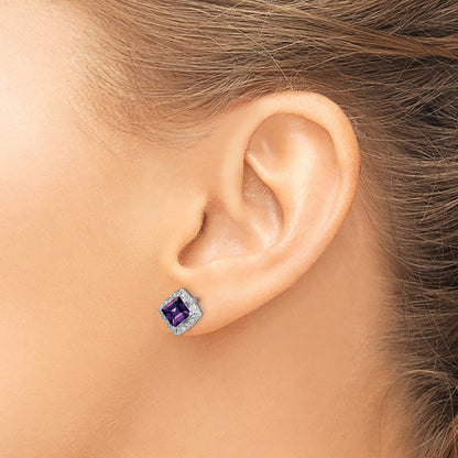 Solid 14k White Gold Square Simulated Amethyst and CZ Earrings