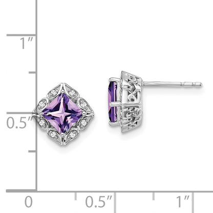 Solid 14k White Gold Square Simulated Amethyst and CZ Earrings