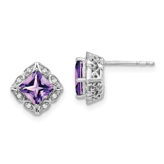 14k White Gold Square Amethyst and Real Diamond Earrings EM7082-AM-008-WA