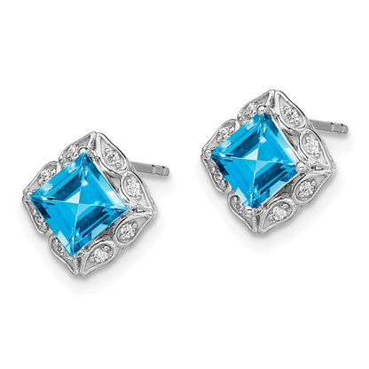 Solid 14k White Gold Square Simulated Blue Topaz and CZ Earrings