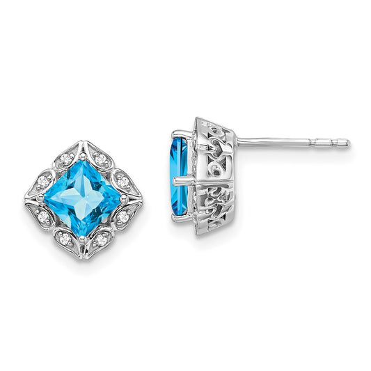 Solid 14k White Gold Square Simulated Blue Topaz and CZ Earrings