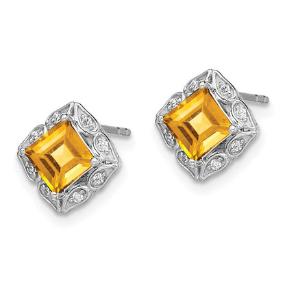 Solid 14k White Gold Square Simulated Citrine and CZ Earrings