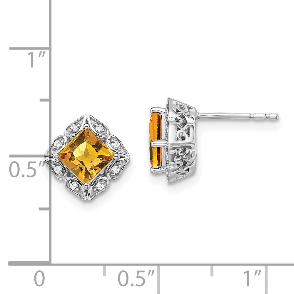Solid 14k White Gold Square Simulated Citrine and CZ Earrings