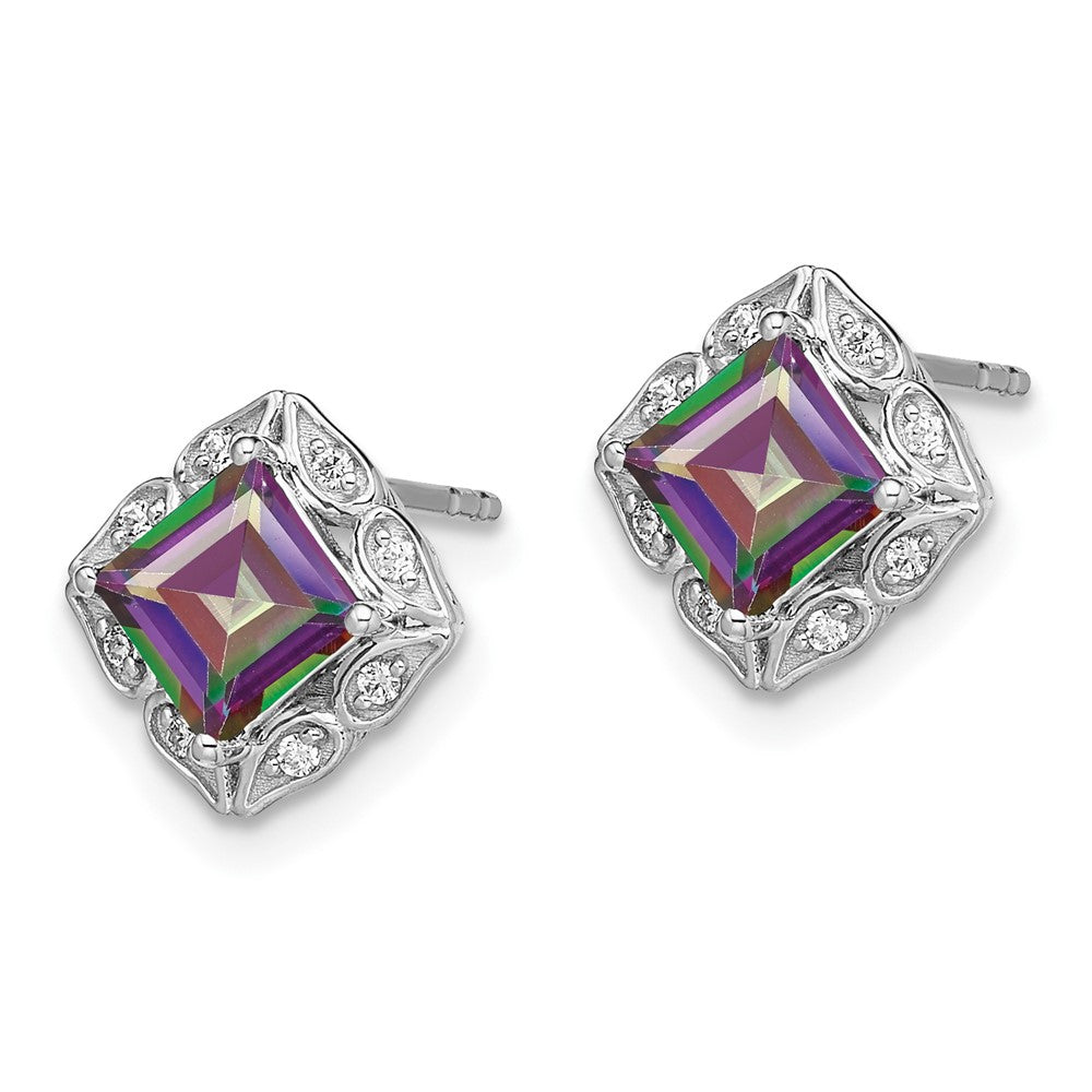 Solid 14k White Gold Square Mystic Fire Topaz and Simulated CZ Earrings