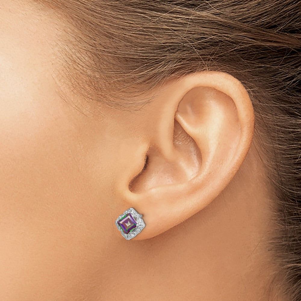 Solid 14k White Gold Square Mystic Fire Topaz and Simulated CZ Earrings