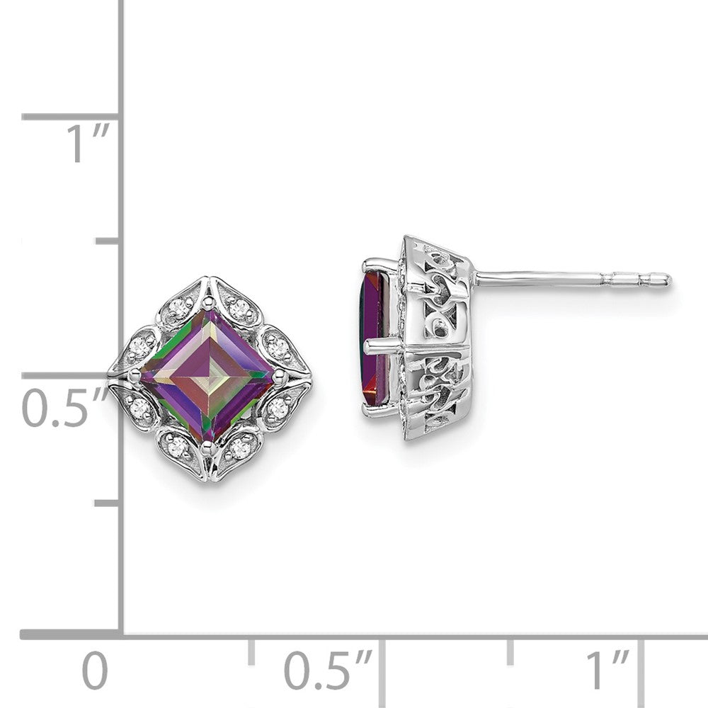 Solid 14k White Gold Square Mystic Fire Topaz and Simulated CZ Earrings