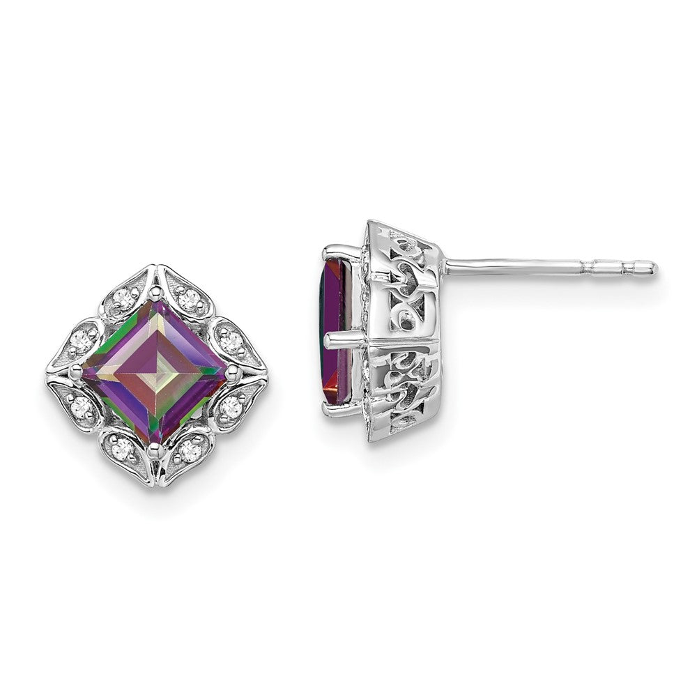 Solid 14k White Gold Square Mystic Fire Topaz and Simulated CZ Earrings