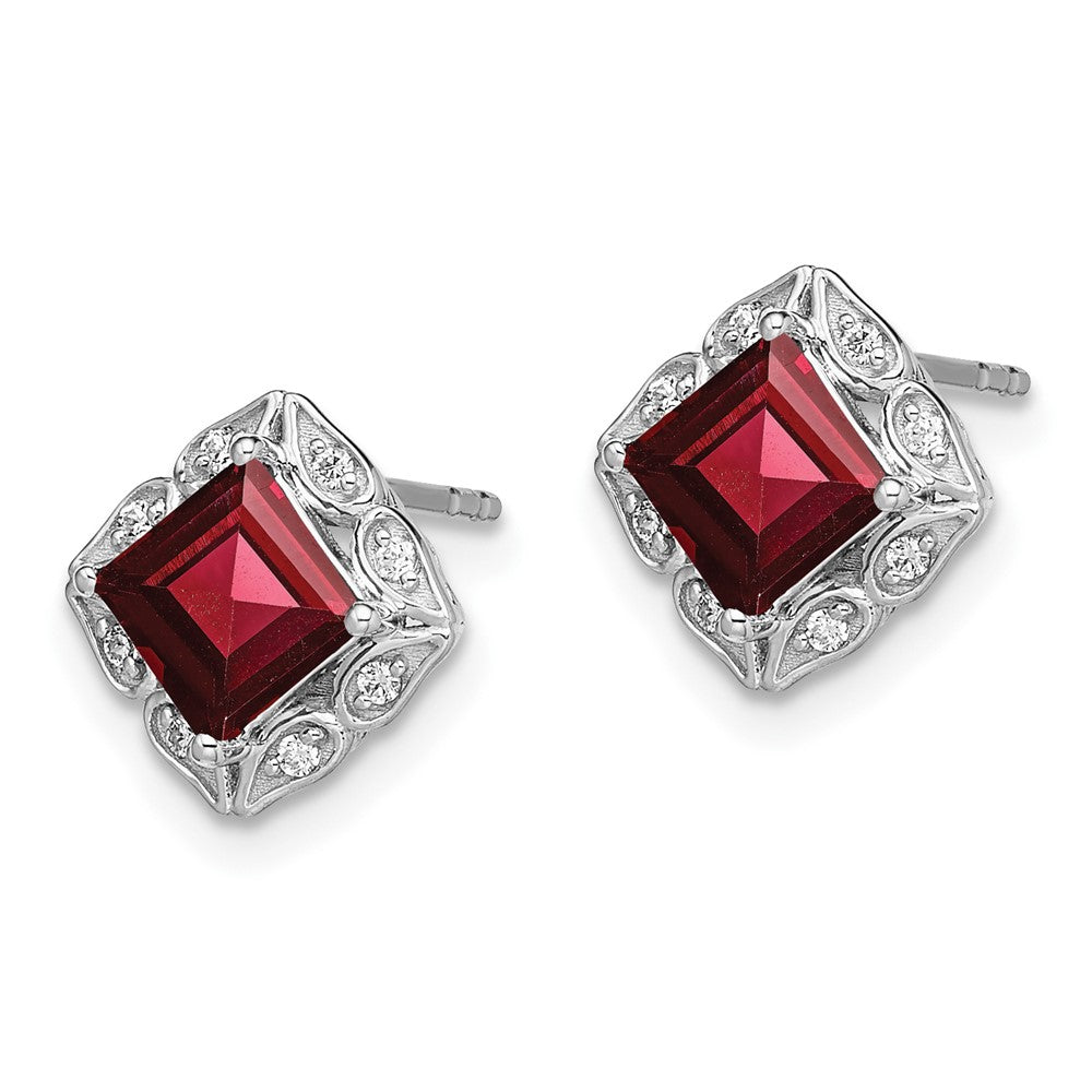 Solid 14k White Gold Square Simulated Garnet and CZ Earrings