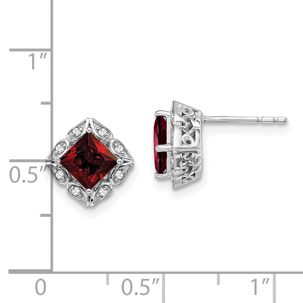 Solid 14k White Gold Square Simulated Garnet and CZ Earrings