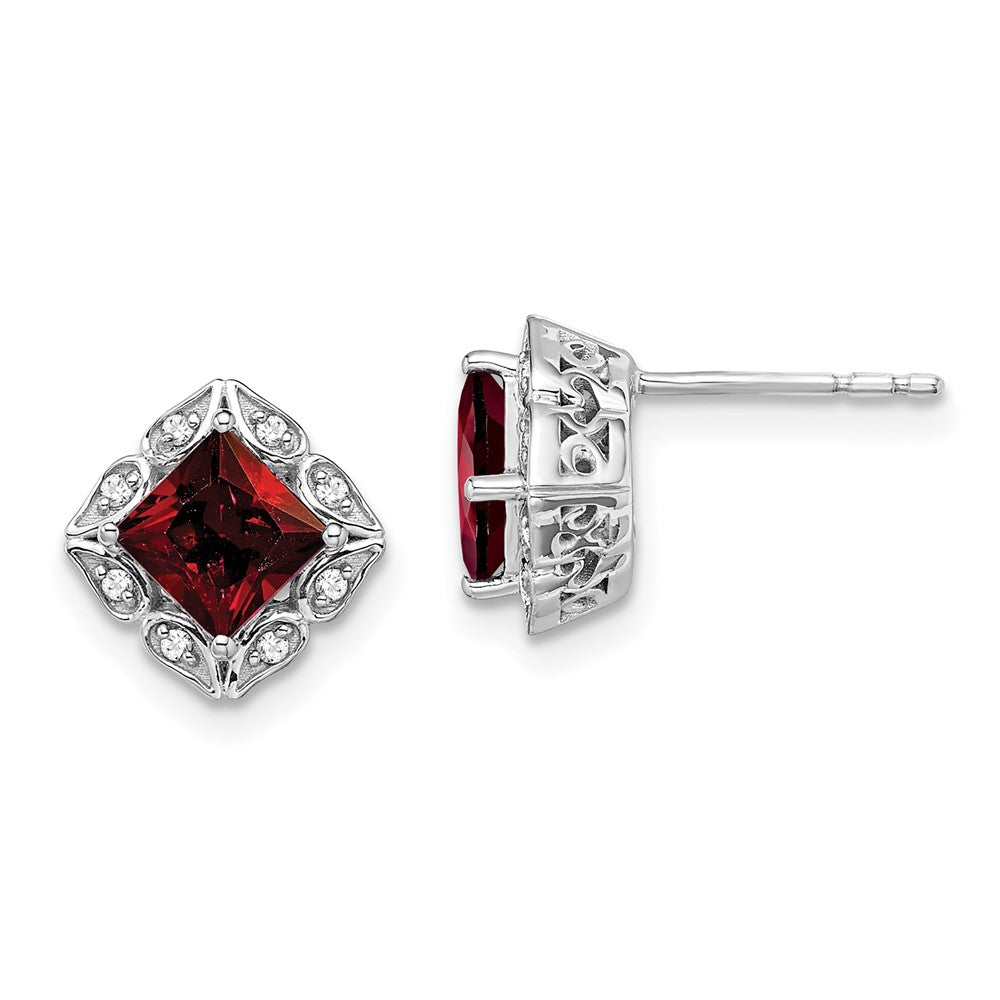 14k White Gold Square Garnet and Real Diamond Earrings EM7082-GA-008-WA
