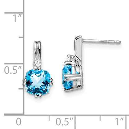 Solid 14k White Gold Cushion Simulated Blue Topaz and CZ Earrings