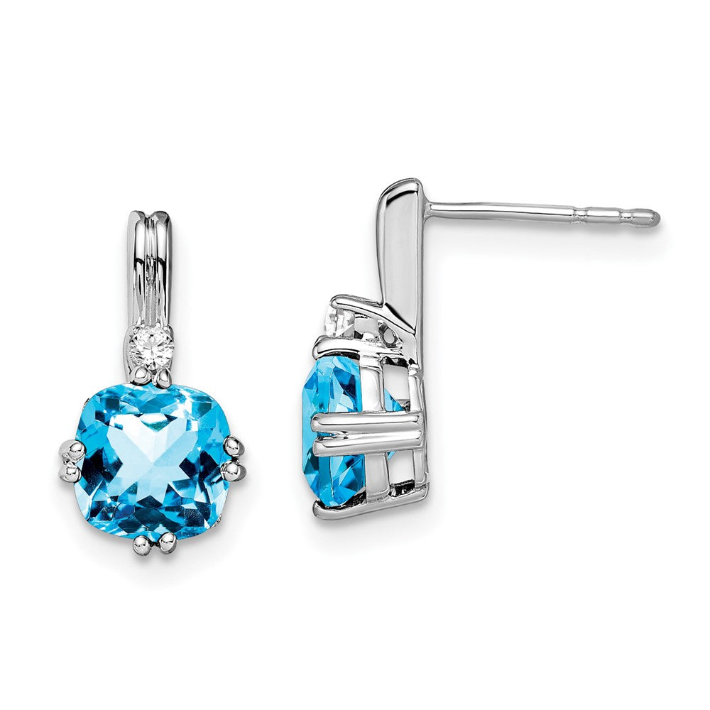 Solid 14k White Gold Cushion Simulated Blue Topaz and CZ Earrings
