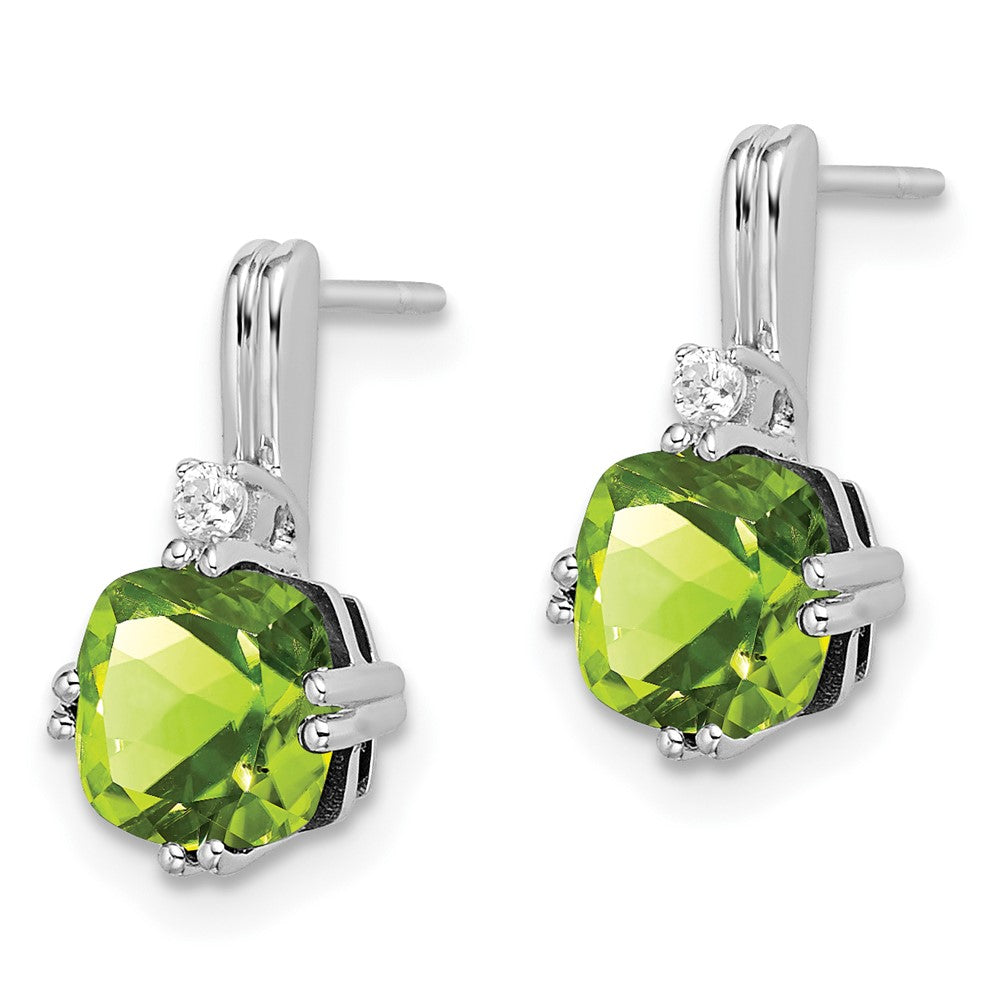 Solid 14k White Gold Cushion Simulated Peridot and CZ Earrings