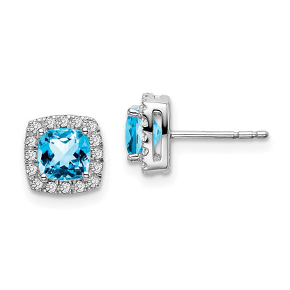 Solid 14k White Gold Cushion Simulated Blue Topaz and CZ Halo Earrings