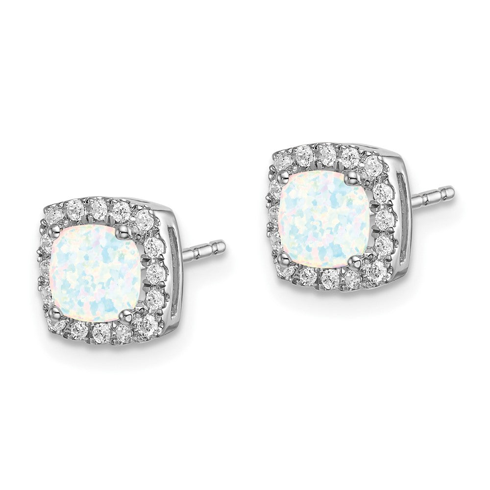 Solid 14k White Gold Cushion Created Simulated Opal and CZ Halo Earrings