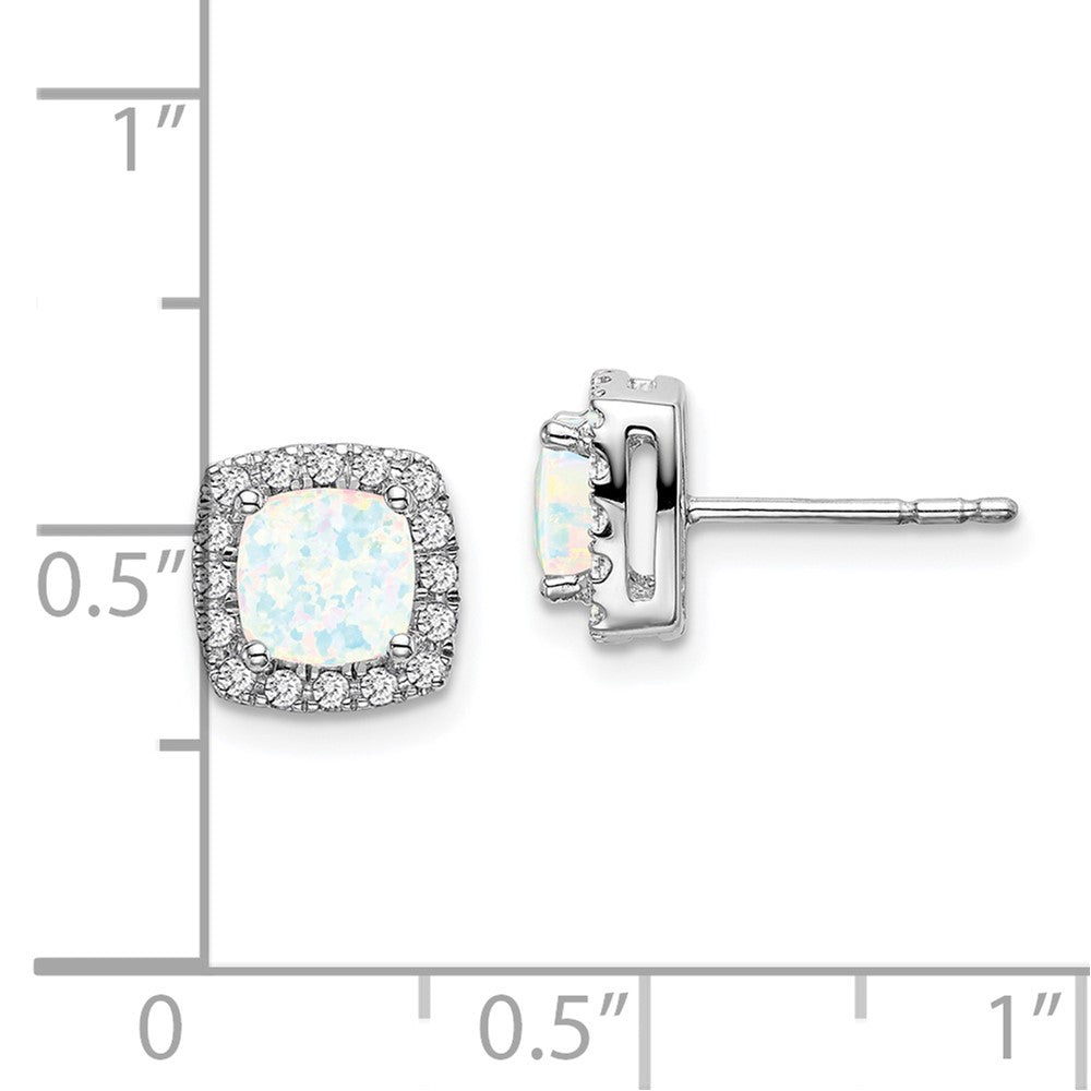 Solid 14k White Gold Cushion Created Simulated Opal and CZ Halo Earrings