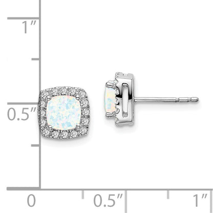Solid 14k White Gold Cushion Created Simulated Opal and CZ Halo Earrings