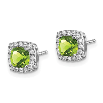 Solid 14k White Gold Cushion Simulated Peridot and CZ Halo Earrings
