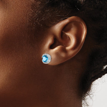 Solid 14k White Gold Cushion Simulated Blue Topaz and CZ Halo Earrings