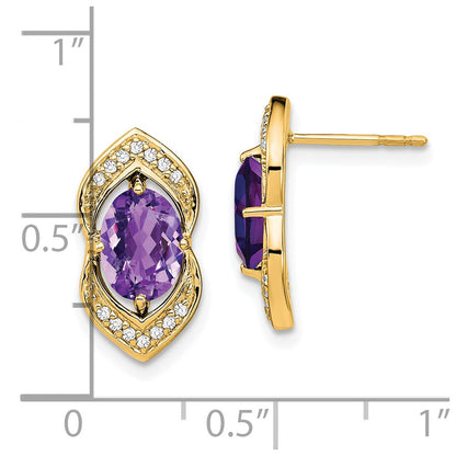 Solid 14k Yellow Gold Simulated Amethyst and CZ Post Earrings