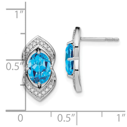 Solid 14k White Gold Simulated Blue Topaz and CZ Post Earrings